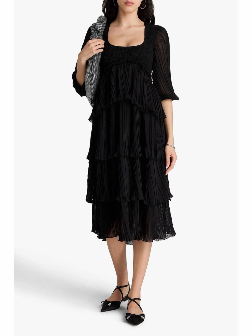 Ganni Black Tiered Pleated Midi Dress